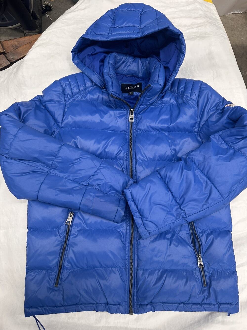 GUESS Blue Puffer Jacket Detachable Hood Full Zip Mens Size L Winter Warm Coat